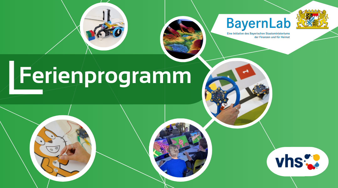 Ferienprogramm Übersicht Plakat Ferienprogramm, Logo der vhs mit Punkten neben Schriftzug in blau, rot, gelb, grüner Hintergrund und kleine runde Bilder die Ferienprogramme darstellen, Lego Spike: Roboter der fahren kann, AR: Sandkasten mit Landschaftsprojektion, Calliope: Roboter der fährt und Fernsteuerung mit Calliope, Klötzchenwelt: Kinder die an PCs sitzen und ein Level in Minetest bauen, Spiel selber machen: Dr Bibber nachgebaut und mit Calliope programmiert