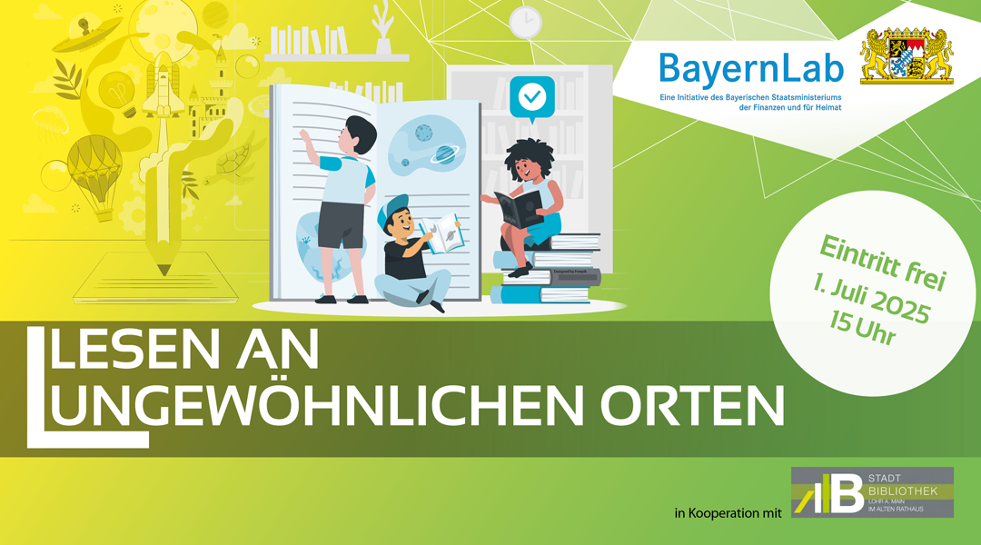 Lesen an ungewöhnlichen Orten am 1. Juli 2025 um 15 Uhr im BayernLab in Lohr a.Main Eine Illustration zeigt mehrere Kinder, die an einem ungewöhnlichen Ort lesen. Die Kinder sitzen um ein großes offenes Buch, das viele verschiedene Bilder enthält. Die Kinder sitzen in einer entspannten, lebhaften Weise um das Buch und zeigen, dass sie beschäftigt sind zu lesen. Der Hintergrund hat ein gelbes und hellgrünes Farbschema, und die Kinder sind in verschiedenen Farben gehalten.