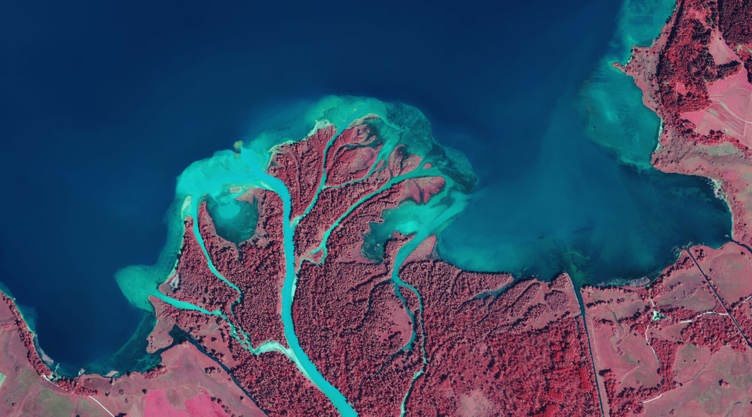 Color-Infrarot-Luftbild des Chiemsee-Mündungsdeltas aus dem Jahr 2024